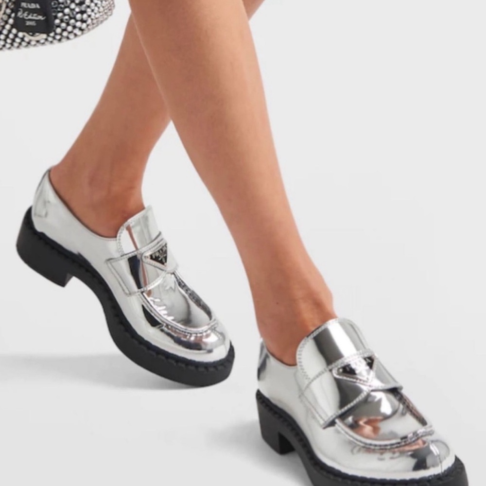 Prada Silver Metallic Loafers Size 35.5 in Box With Tags
